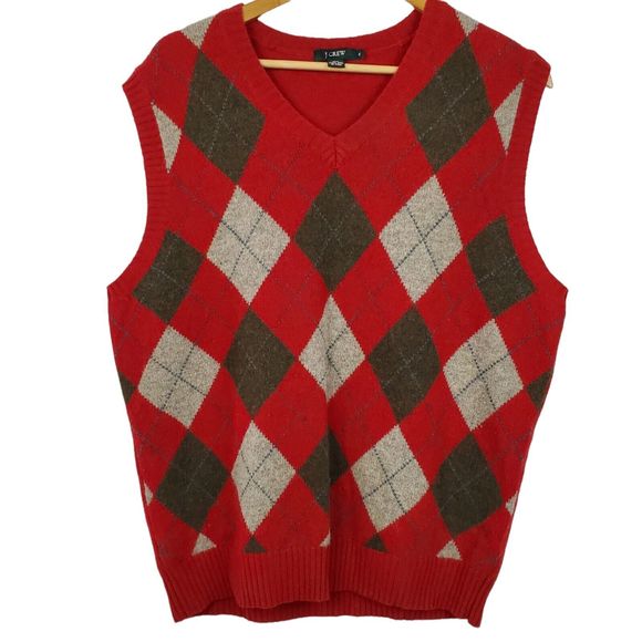 J Crew Men's Red Gray 100% Lambs Wool Argyle V-Neck Sweater Vest Sz XL - Picture 1 of 3